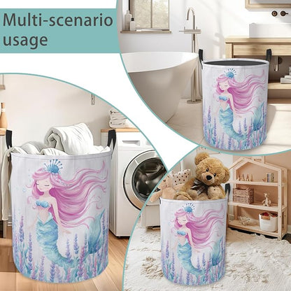 Mermaid Laundry Basket With Handles Tote Bag Oxford Cloth Funny Laundry Hamper Clothes Storage Bucket Toy Organizer 16" X 20.8"For Bathroom/Laundry/Bedroom