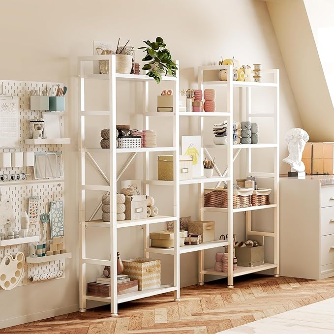 SUPERJARE Triple Bookshelf, Bookcase with 11 Open Display Shelves, Wide Book Shelf Book Case for Home & Office, 4 Tier, White