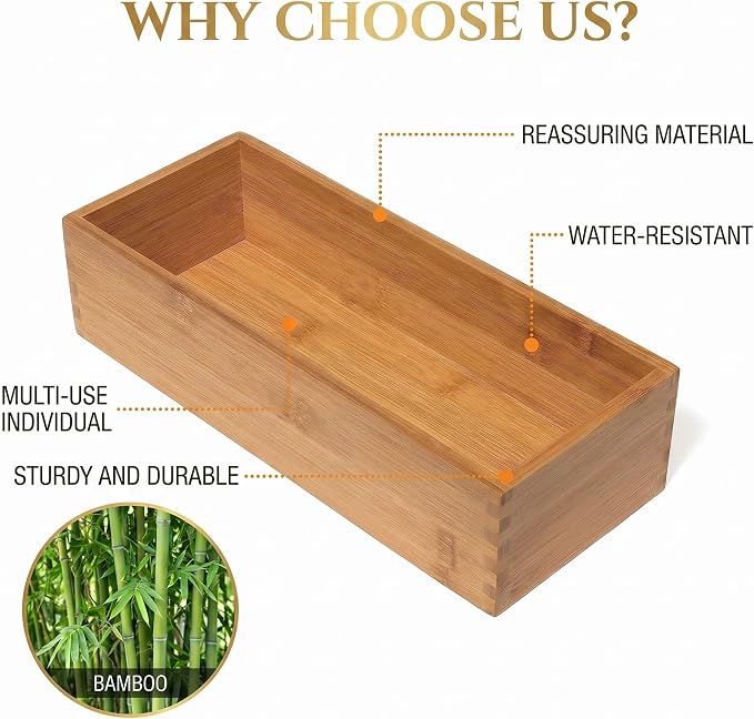 Bamboo Drawer Organizer Set, 2 Pack Multi-Size Wooden Storage Box, Natural Utensil Holder for Kitchen Flatware Silverware, Bathroom, Office Desk, Makeup and Cooking Tools