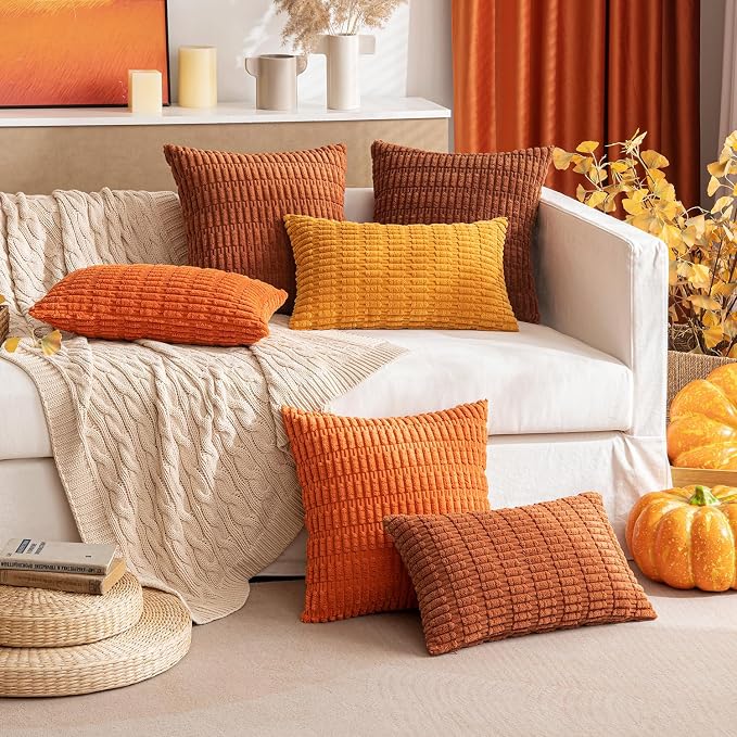MIULEE Pack of 2 Burnt Orange Corduroy Decorative Lumbar Pillow Covers 20x12 Inch Soft Boho Striped Throw Pillow Covers Modern Farmhouse Home Decor for Summer Sofa Living Room Couch Bed