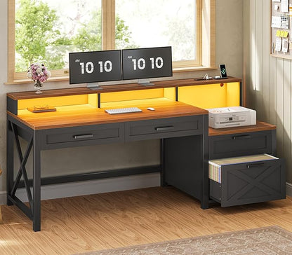 SEDETA Farmhouse Home Office Desk with File Drawer & Power Outlet, Computer Desk with 4 Drawer, Storage Shelves, Printer Cabinet and Monitor Shelf, Gaming Desk with Led Lights, Black Brown