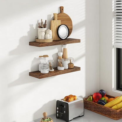 Acovy 24 Inch Floating Shelves, 8 Inch Deep Floating Shelves for Wall, Hanging Shelf with Invisible Brackets, Deep Shelves for Bathroom, Bedroom, Living Room, Brown, Set of 2