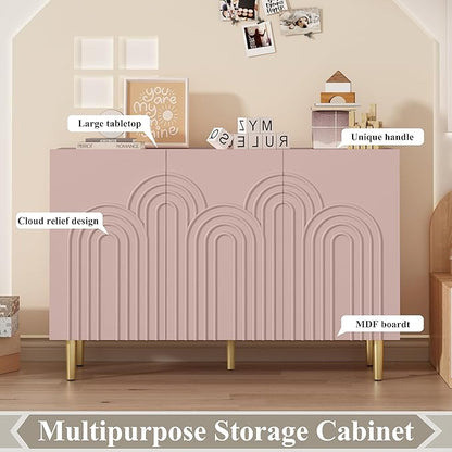 ARTPOWER 47" Accent Cabinet with Cloud Relief, Sideboard Buffet Cabinet with 3 Doors, Modern Decorative Credenza with Storage for Living Room, Kitchen, Dining Room, Hallway, Entryway, Pink