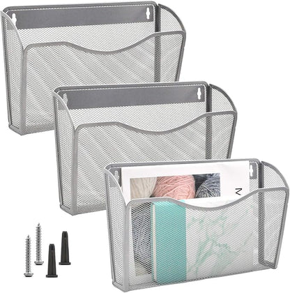 EASEPRES 3 Single Pocket Mesh Hanging File Organizer, Vertical Wall Mounted Magazine File Holder, Mount Basket Mail Paper Document Folder Organizing for Office, Home and School, Silver