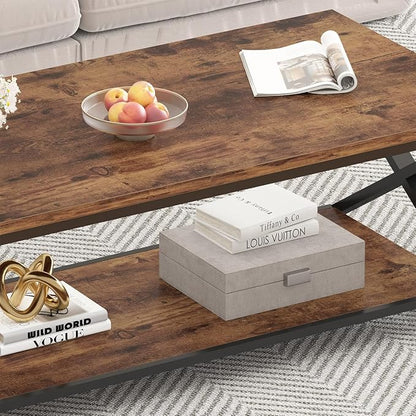 HSH Rustic Coffee Table with Storage Shelf, Industrial Metal Wood Living Room Table, Farmhouse Minimalist Rectangle Center Table, Vintage Simple 2 Tier Cocktail Tea Table, Rustic Brown, 47 Inch