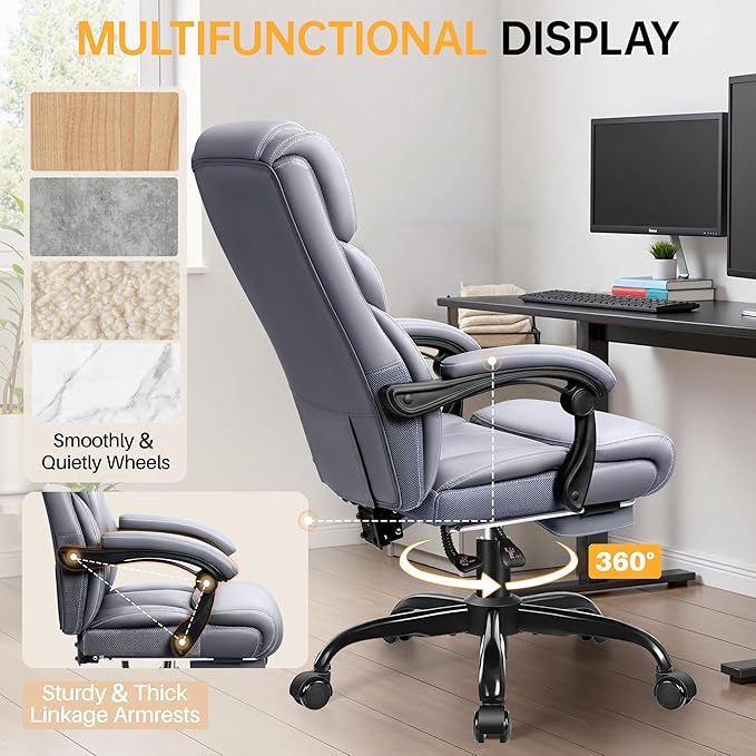 Office Chair, Executive Big and Tall Leather Desk Chairs with Footrest, Ergonomic Breathable Computer Chair with Adjustable High Back, Lumbar Support Swivel PC Chairs with Rocking Function