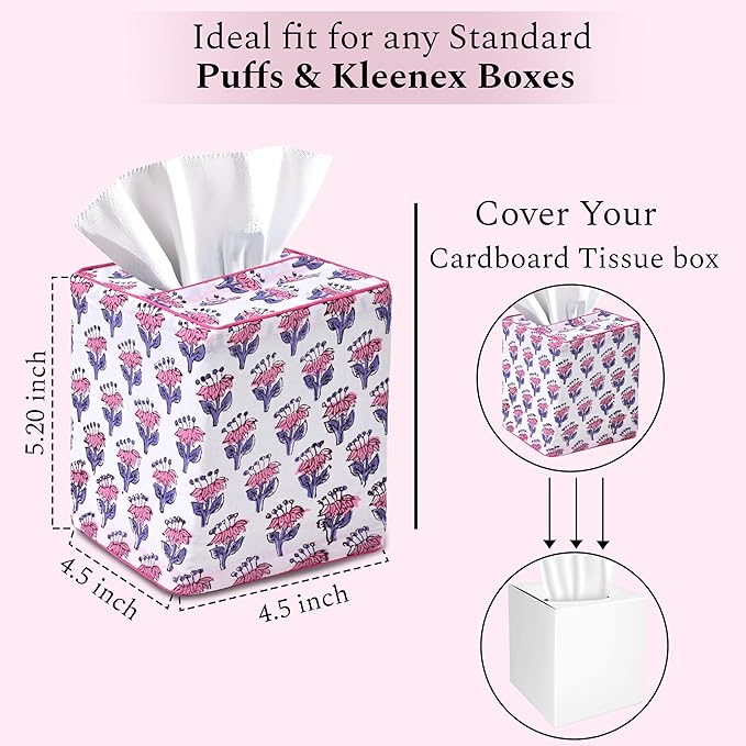 CPC Pink Sapphire Hand Block Printed Cotton Tissue Box Cover 5" x 5" x 5.5" Square Soft Reusable Boho Napkin Holder for Home Kitchen Dining Bathroom Office Cafe Spa Summer Thanksgiving
