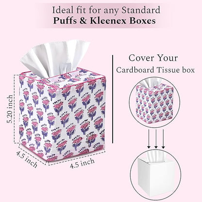 CPC Pink Sapphire Hand Block Printed Cotton Tissue Box Cover 5" x 5" x 5.5" Square Soft Reusable Boho Napkin Holder for Home Kitchen Dining Bathroom Office Cafe Spa Summer Thanksgiving
