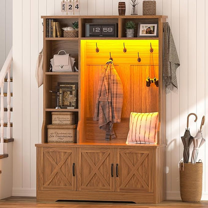 Hall Tree with Bench and Shoe Storage, Farmhouse Entryway Bench with Coat Racks and Led Lights, Tall Hall Tree with 7 Coat Hooks, 6 Storage Cubbies, Adjustable Shelf
