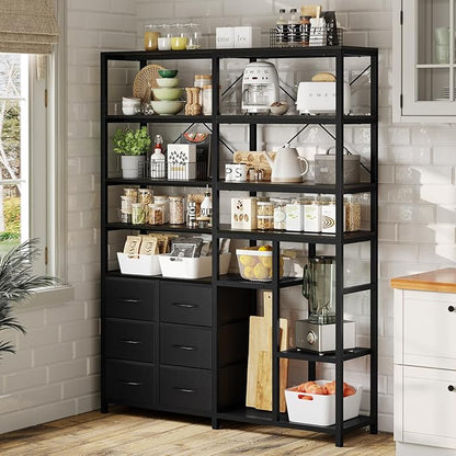 HAUOMS Corner Bookshelf, 7-Tier Bookcases Tall Convertible Book Shelf with 6 Fabric Drawers, Industrial Corner Bookshelves for Living Room, Kitchen, Home Office, Rustic Black