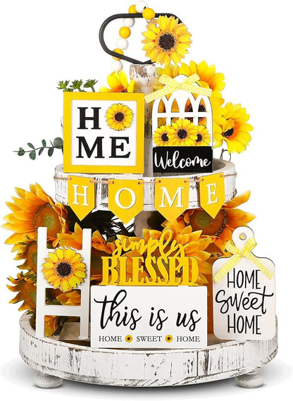 11 Pcs Sunflower Tiered Tray Decor Summer Rustic Home Farmhouse Tiered Tray Decorations Set Wooden Signs Vintage Farm Animal Farmhouse Tabletop Wood Signs for Kitchen Table Shelf Decor