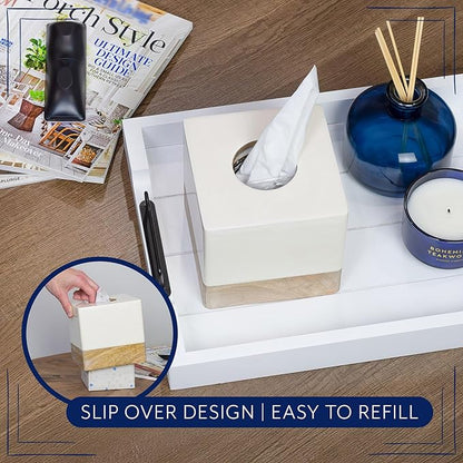 AuldHome Design Square Tissue Box Cover (Enamel/Mango Wood); Minimalist Scandinavian Decor White Cube Tissue Holder