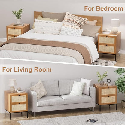 XIAO WEI Natural Rattan Nightstand Set of 2, Boho Night Stand with 2 Drawers, Bedside Table Accent Cane End Table Side Table for Bedroom Living Room, Metal Legs/Small/Light Brown