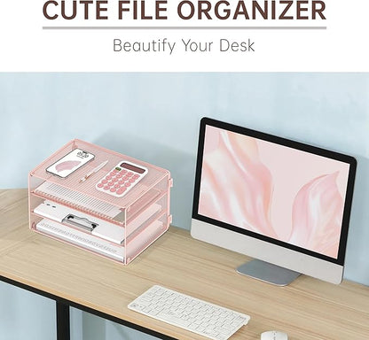 DALTACK 3 Tier Letter Tray Paper Organizer for Desk, Mesh Metal Desk File Organizer with Sliding Trays for Letter/A4 Paper, Mail, Bills & Folders, Pink