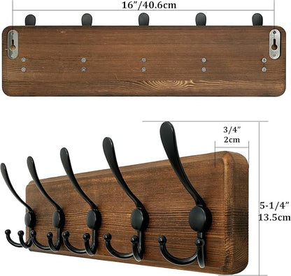 WEBI Rustic Coat Rack Wall Mounted,Wood Coat Hanger Wall,5 Coat Hooks,16" Hole to Hole,Hook Rack Rail,5 Triple Hooks for Hanging Jacket,Clothes,Hats,Entryway,Brown,2 Packs