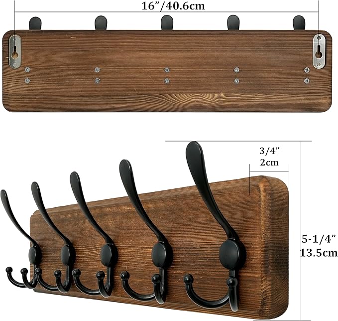 WEBI Rustic Coat Rack Wall Mount,Solid Wood Coat Hooks Wall Mounted Coat Hanger,16" Hole to Hole,Hook Rack Rail,5 Triple Hooks for Hanging Coats,Jacket,Clothes,Farmhouse,Brown