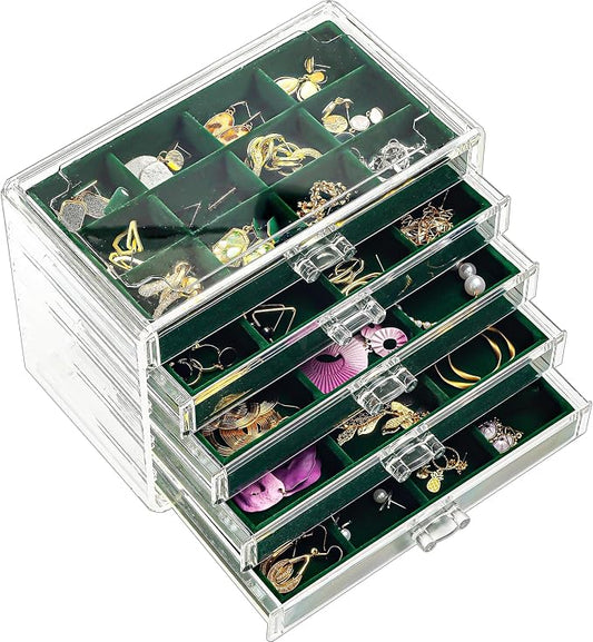 ProCase Earring Holder Organizer Jewelry Box with 5 Drawers, Acrylic Clear Earring Case with Adjustable Velvet Trays for Women - Emerald, 5 Layers