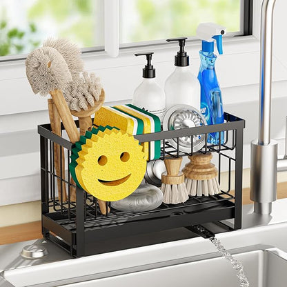 Taugast Sponge Holder for Kitchen Sink with Flexible Sponge Holder Smiley Face,2 Tier Kitchen Sink Organizer Countertop and Storage Essentials,Soap Dispenser Organize,Home Decor Accessories-Black