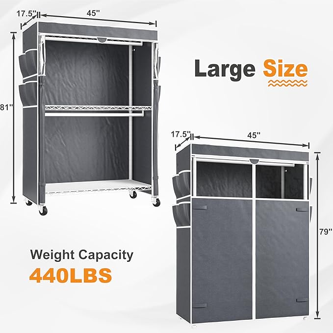 Raybee Rolling Clothes Rack with Cover, 81" H Heavy Duty Clothing Rack with Adjustable Shelves, Portable Wardrobe Closet with Visible Window, Double Rod Garment Rack on Wheels, Max Load 440LBS, White