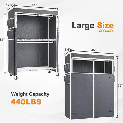 Raybee Rolling Clothes Rack with Cover, 81" H Heavy Duty Clothing Rack with Adjustable Shelves, Portable Wardrobe Closet with Visible Window, Double Rod Garment Rack on Wheels, Max Load 440LBS, White