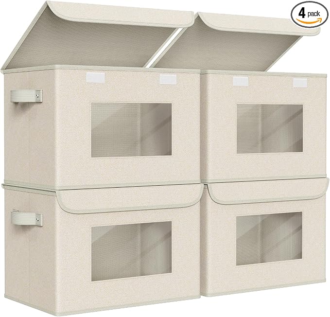 Univivi Collapsible Stackable Storage Bins with Lids [4-Pack] Foldable Fabric Closet Organizer Basket, Closet Organizers and Storage Cube Storage Bin for Home, Office, Bedroom (Beige, 17“ x 12” x 12")