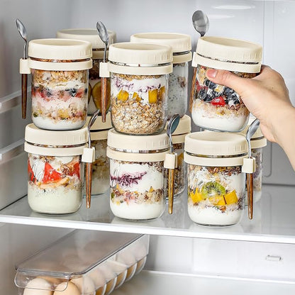 LANDNEOO 4 Pack Overnight Oats Containers with Lids and Spoons, 16 oz Glass Mason Jars with Airtight Lids, Overnight Oats Jars for Milk, Cereal, Fruit-Beige