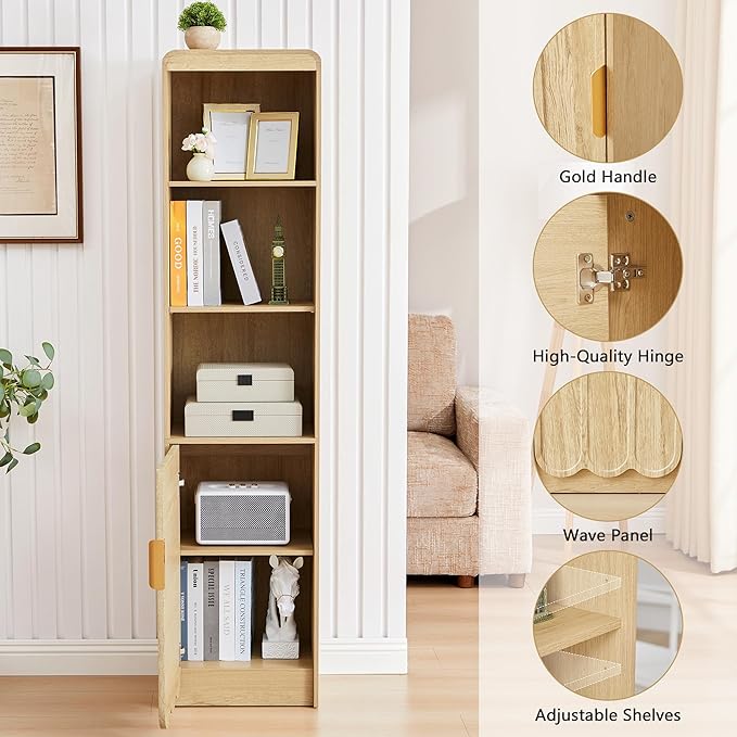 ORRD Narrow Tall Bathroom Storage Cabinet, Freestanding Storage Cabinet with Open Storage Compartments and Adjustable Shelf for Small Space, Bathroom, Living Room, Kitchen, (Natural)