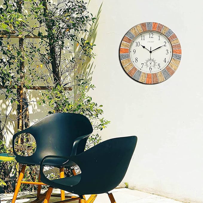 OCEST 13 Inch Indoor Outdoor Clock Waterproof with Thermometer, Weather-Resistant Non-Ticking Battery Operated Decor Clock for Patio, Pool, Lanai, Fence, Porch, Garden (Yellow)