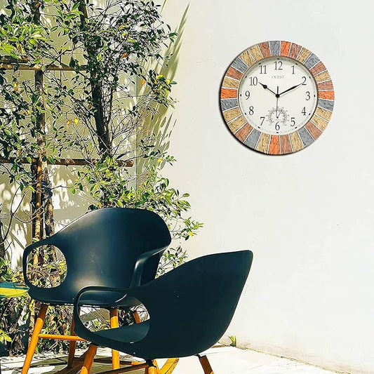 OCEST 13 Inch Indoor Outdoor Clock Waterproof with Thermometer, Weather-Resistant Non-Ticking Battery Operated Decor Clock for Patio, Pool, Lanai, Fence, Porch, Garden (Yellow)