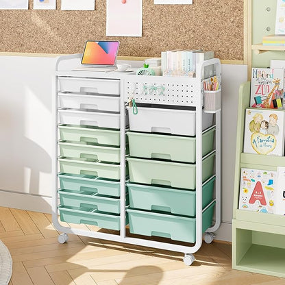 Rolling Storage Cart with 14 Drawers, Storage Organizer Cart with Tabletop and Pegboard,Utility Cart for Living Room, Classroom, Bedroom,Bathroom,Dorm,Office (Green)