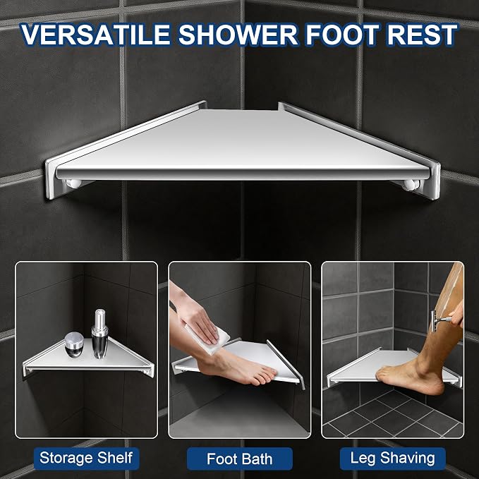 Corner Shower Foot Rest for Shaving Legs, Wall Mounted Shower Step & Shower Shelf 2 in 1, Stainless Steel Shower Foot Ledge, Heavy Duty Corner Shelf for Bathroom, Space Saving Design, Chrome