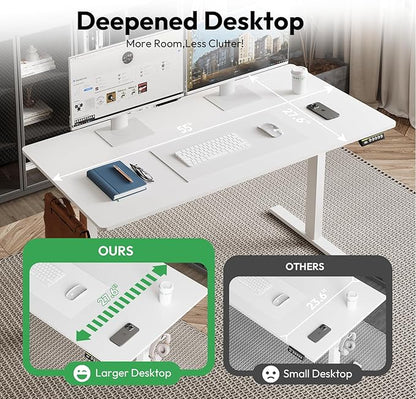 Large Electric Standing Desk,55x28 Inches Adjustable Height Stand up Desk, Sit Stand Home Office Desk, 3 Preset Heights,Equipped with Hooks,Ergonomic Computer Desk Workstation，White