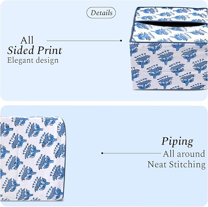 CPC Apatite Blue Hand Block Printed Cotton Tissue Box Cover 5" x 5" x 5.5" Square Soft Reusable Boho Napkin Holder for Home Kitchen Dining Bathroom Office Cafe Spa Summer Thanksgiving
