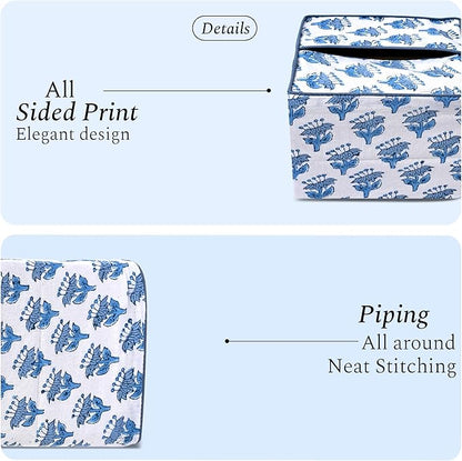 CPC Apatite Blue Hand Block Printed Cotton Tissue Box Cover 5" x 5" x 5.5" Square Soft Reusable Boho Napkin Holder for Home Kitchen Dining Bathroom Office Cafe Spa Summer Thanksgiving