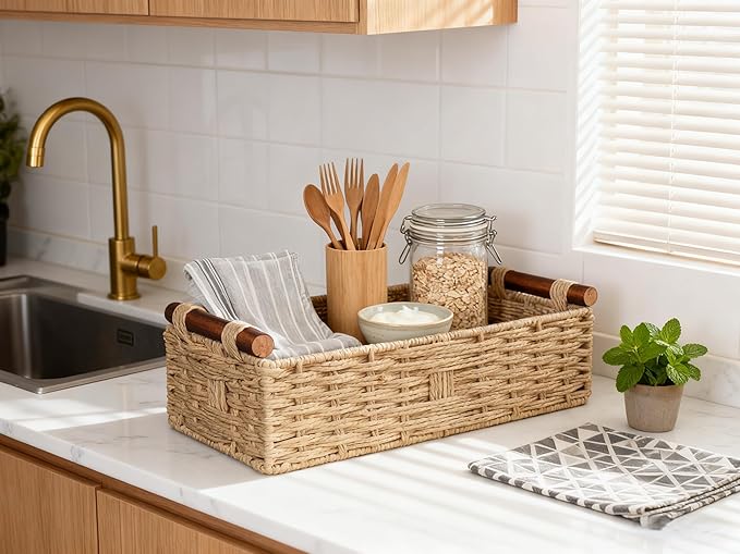 Toilet Tank Basket, Khaki Wicker Storage Basket with Wooden Handles, Handwoven Paper Rope Toilet Tank Organizer, Basket for Top of Toilet, Bathroom Countertop Baskets for Organizing