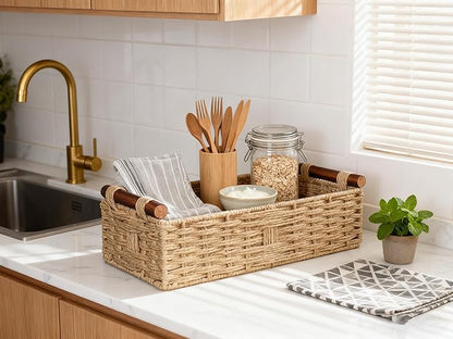 Toilet Tank Basket, Khaki Wicker Storage Basket with Wooden Handles, Handwoven Paper Rope Toilet Tank Organizer, Basket for Top of Toilet, Bathroom Countertop Baskets for Organizing