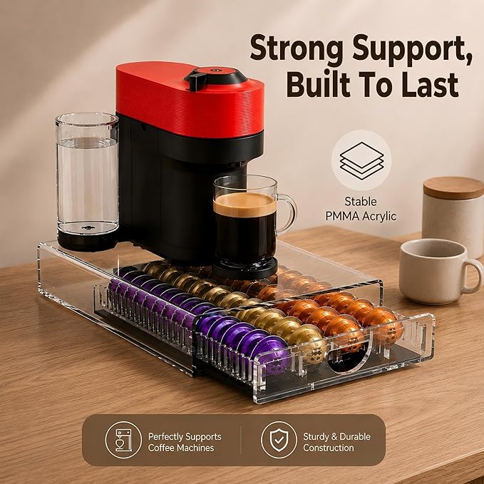 Coffee Pod Drawer Organizer for Nespresso Vertuo Pods,Acrylic Coffee Pod Holder Holds 40 Large or 60 Small Capsules or 28 K-Cups,Pull-Out Drawer with Anti-Slip Base for Home & Office,Matte Black