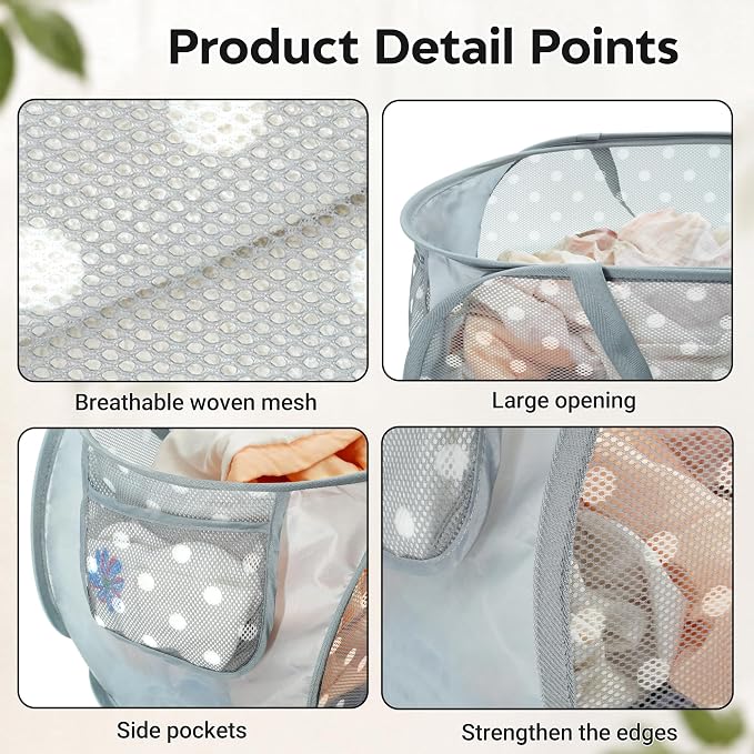 Sturdy Collapsible Laundry Baskets with Side Pockets, Mesh Pop Up Laundry Hamper, Foldable Clothes Storage Hamper with Reinforced Carry Handles for Home, Dorm, Travel -Polka Dot Print, Gray
