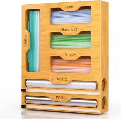 FUSHITON 6 in 1 Bamboo Food Storage Bag Organizer, Plastic Wrap Dispenser with Cutter, Foil Wax Paper Organizer for Kitchen Drawer, Wall Mount Countertop, Fits Gallon, Quart, Sandwich, Snack Bags