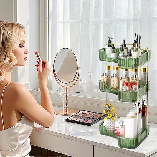 GTI 3-Tier Corner Bathroom Counter Organizer, Large Capacity Makeup Organizer Countertop, Perfume Cosmetics Skincare Vanity Organizers, Exquisite Countertop Storage for Women (Green)