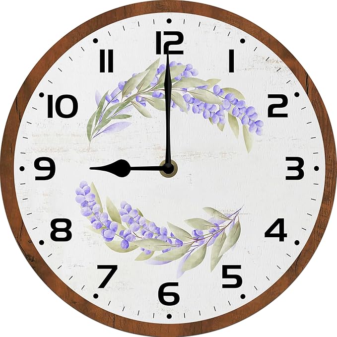 Purple Flowers Wall Clock 10 Inch Silent Non Ticking Battery Operated Wooden Modern Office Simple Minimalist Clock Decorative for Kitchen Home Bathroom Living Room