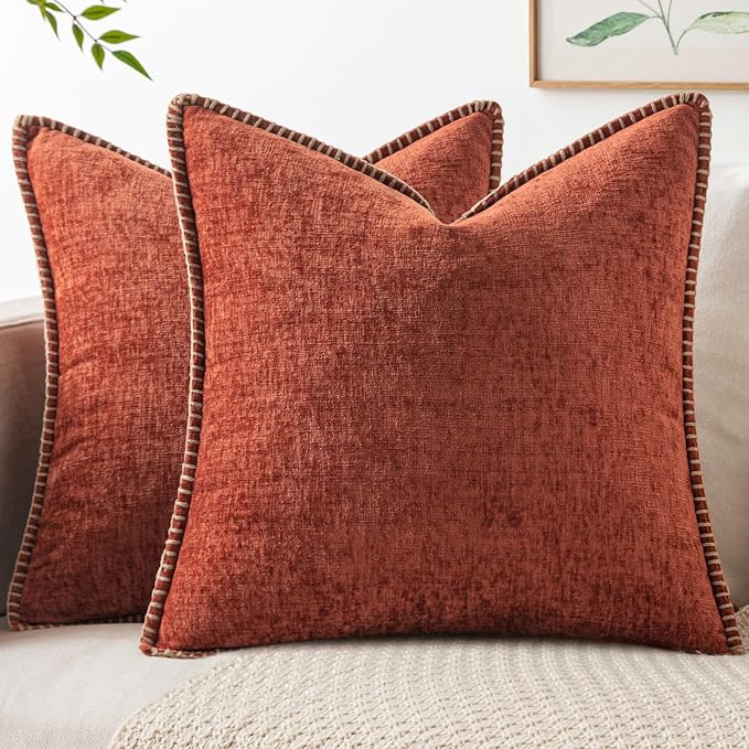 MIULEE Pack of 2 Fall Couch Throw Pillow Covers 20x20 Inch Burnt Orange Farmhouse Decorative Pillow Covers with Stitched Edge Soft Chenille Solid Dyed Pillow Covers for Sofa Bed Living Room