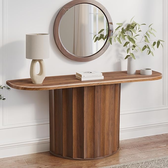 Fluted Console Table, 59'' Narrow Wooden Sofa Tables Behind Couch, Modern Entryway Table with Storage Curved Accent Table for Hallway, Living Room, Entrance, Foyer (Walnut)