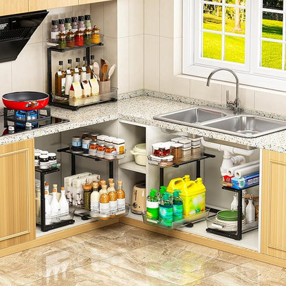ARSTPEOE 2 Pack Double Sliding Under Sink Organizers and Storage,Two Tier Bathroom Storage and organization,Under Cabinet Organizer, Clear