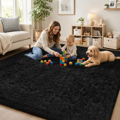 Area Rug for Living Room Bedroom: 5x7 Black Soft Fluffy Shag Upgrade Non-Slip High Pile Carpet Large Fuzzy Plush Indoor Floor Decor Shaggy Rug for Kid Boys Girls Dorms Playroom Nursery Modern Home