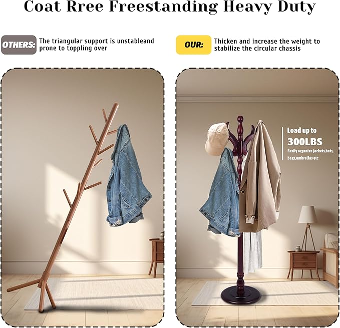 Wooden Coat Rack Freestanding with 14 Hooks Antler Shaped, 72'' Vintage Coat Racks Tree, Adjustable Height, Coat Hanger Stand with Sturdy Base, Coat Tree Hats Hanger for Living Room, Bedroom, Entryway