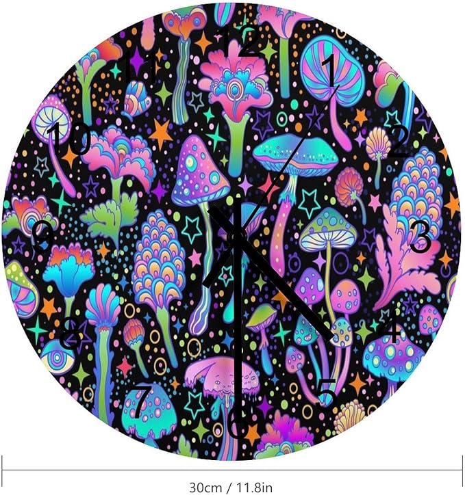 Botanical Wall Clock 12 Inch Silent Non Ticking Clock Wooden, Psychedelic Fantasy Magic Colorful Botanical Mushrooms Wall Clock Battery Operated Kitchen Bedroom Living Room Decor
