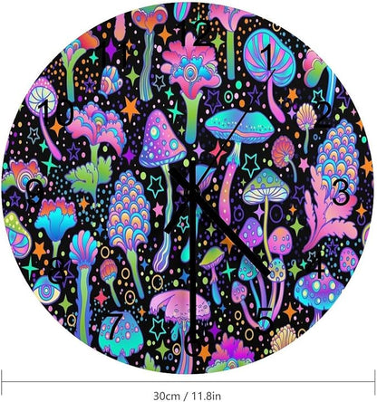 Botanical Wall Clock 12 Inch Silent Non Ticking Clock Wooden, Psychedelic Fantasy Magic Colorful Botanical Mushrooms Wall Clock Battery Operated Kitchen Bedroom Living Room Decor