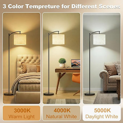 Floor Lamp, LED Floor Lamp with Foot Switch & Adjustable Linen Lampshade, Tall Modern ARC Standing Lamps for Living Room Office Bedroom (9W Replaceable Blub)