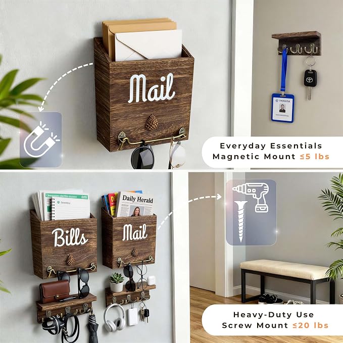 eBun Narrow Wood Mail Holder 2-Pack with 12 Key Hooks | Wall Mount, No-Drill Magnetic, Vertical Mail & Bills Slot, Entryway Decor